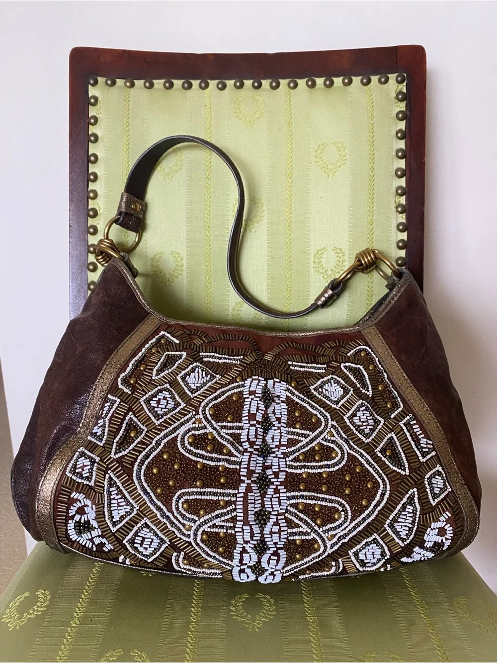 Isabella Fiore VTG Beaded Leather Hobo Shoulder Bag Brown Boho Metallic Art Deco